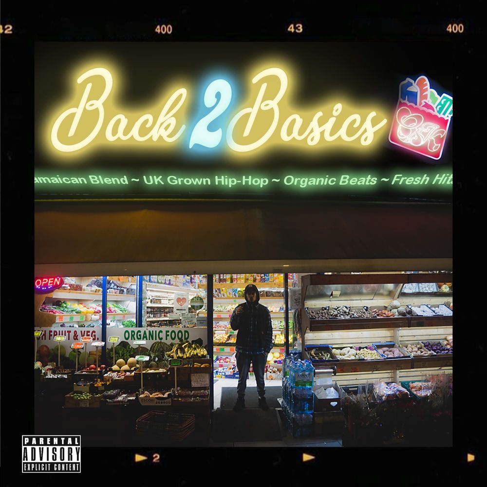 Back 2 Basics cover: neon script over a corner shop at night.