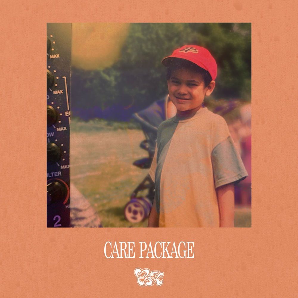 Care Package album cover: a childhood snapshot of Oskar smiling in a red cap beside a mixer's EQ knobs, set on a terracotta field with the OSK tag underneath.
