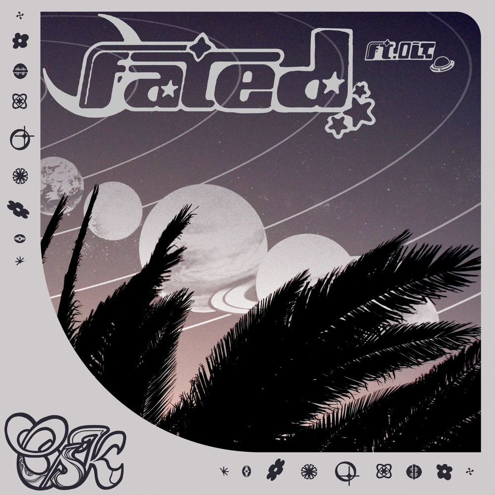Fated cover: grey and purple illustration of palms and planets with chrome Fated lettering and the OSK tag.