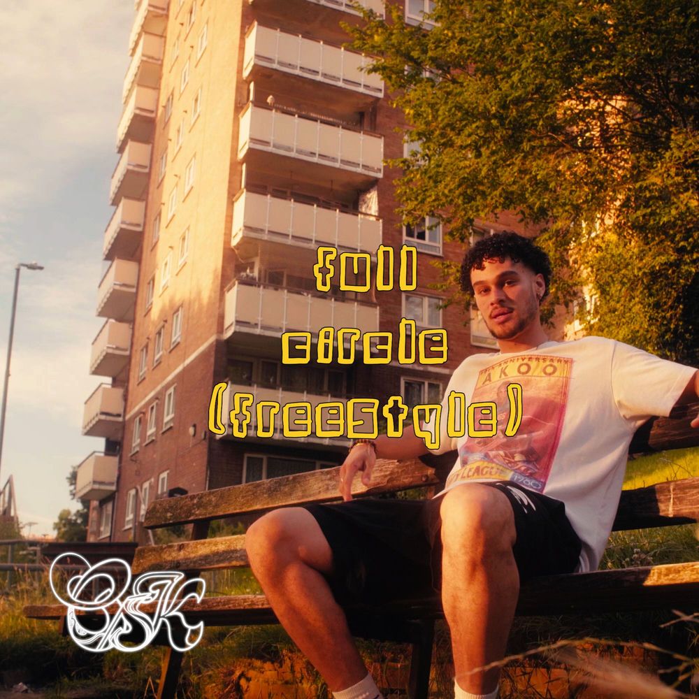Full Circle cover: OSK sitting at golden hour below a tower block, pixel lettering.