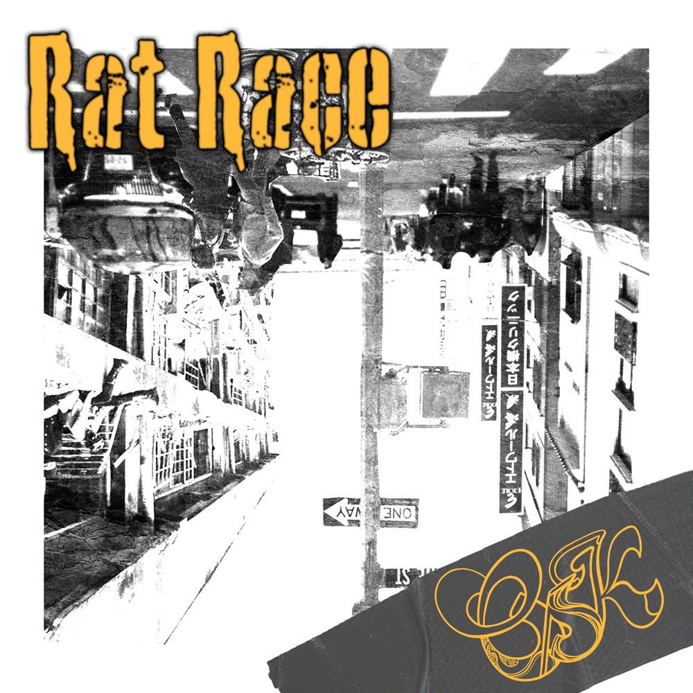 Rat Race cover: black and white city collage with yellow western lettering.