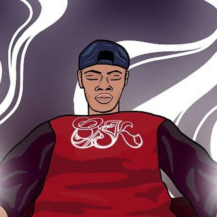 Cartoon of OSK in a navy cap, eyes closed, wearing a red jersey with the OSK tag across the chest, purple swirls behind.